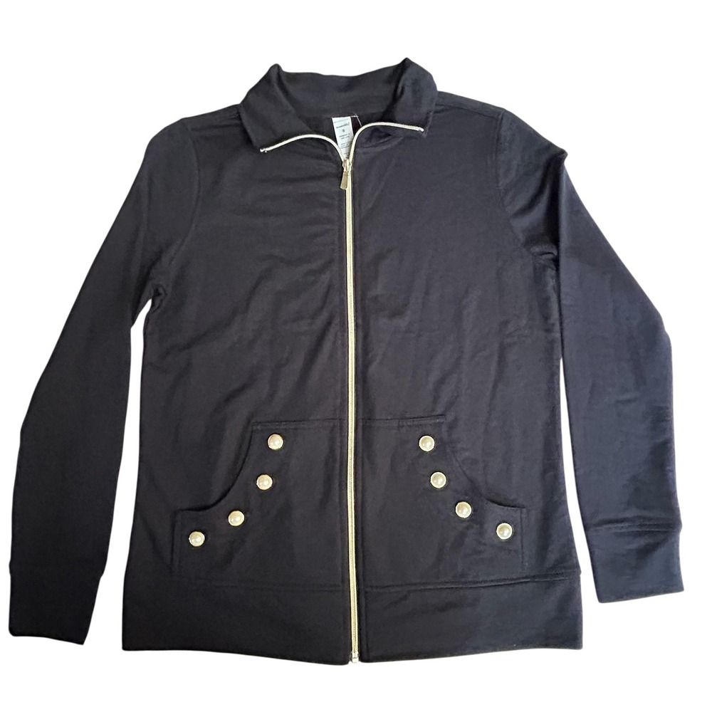 Threehearts Jacket Womens Small Black Gold Zip Pearl Button Pockets Full Zip